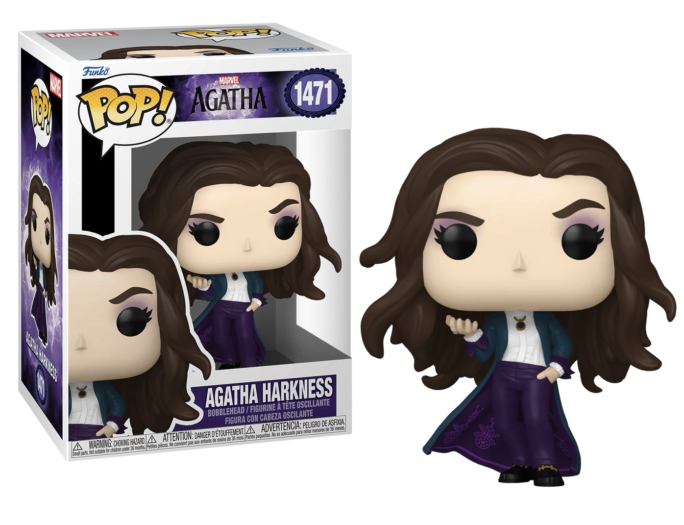 "Funko Pop! Agatha Harkness ‘1471’ vinyl bobblehead van Marvel, ongeveer 9,8 cm hoog, perfect voor verzamelaars."