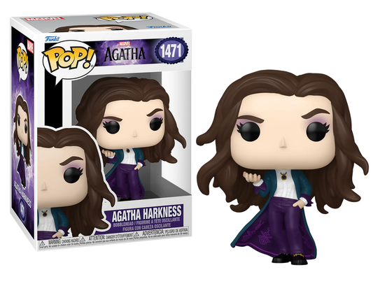 "Funko Pop! Agatha Harkness ‘1471’ vinyl bobblehead van Marvel, ongeveer 9,8 cm hoog, perfect voor verzamelaars."