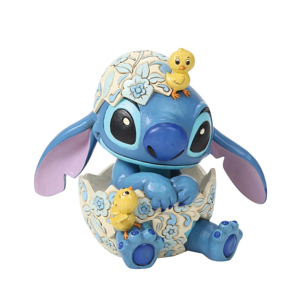 Disney Traditions Stitch met kuikens paasbeeld van Jim Shore, handgeschilderd Disney verzamelobject met lentethema.