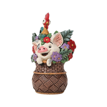 Pua en Hei Hei Disney Traditions figurine uit Moana in kleurrijke bloemenmand, ontworpen door Jim Shore.