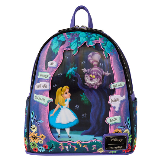 Loungefly tas met kleurrijke illustraties van Alice, het Witte Konijn en meer – een speels eerbetoon aan Alice in Wonderland.