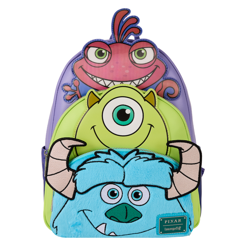 Vooraanzicht van de Loungefly Monsters, Inc. rugzak met Sulley, Mike en Randall op drie aparte vakken.