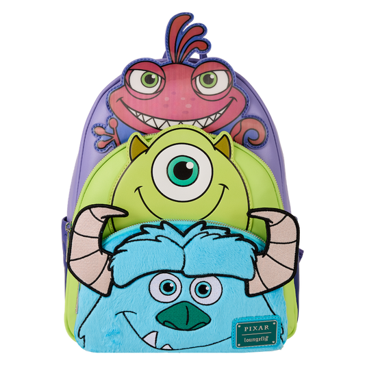 Vooraanzicht van de Loungefly Monsters, Inc. rugzak met Sulley, Mike en Randall op drie aparte vakken.