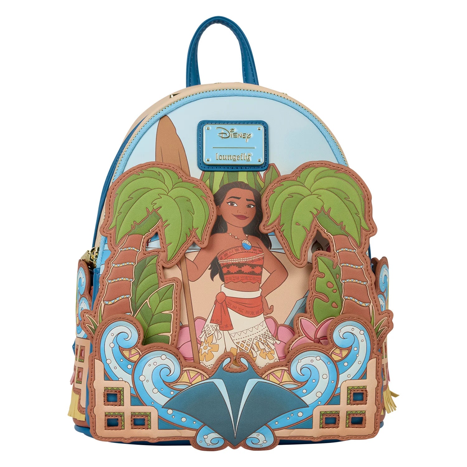 Loungefly mini-rugzak met Moana-thema, gemaakt van vegan leer met tropisch design en prints van Moana en het hart van Te Fiti.