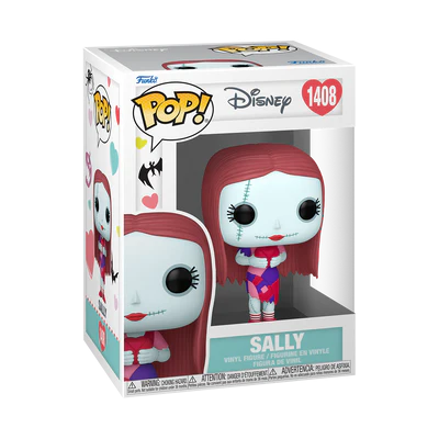Pop! Sally uit The Nightmare Before Christmas in rood, roze en paars jurkje met rood hart in haar hand.