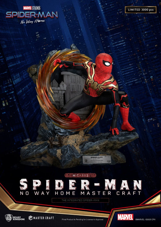 Beast Kingdom MasterCraft Integrated Spider-Man standbeeld – Tom Holland in rood, zwart en goud pak springend door een gouden energiering