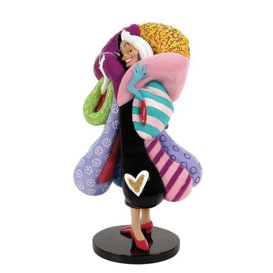 “Disney Britto beeld van Cruella de Vil, levendige kleuren en expressieve details, ideaal voor display op plank of bureau.”