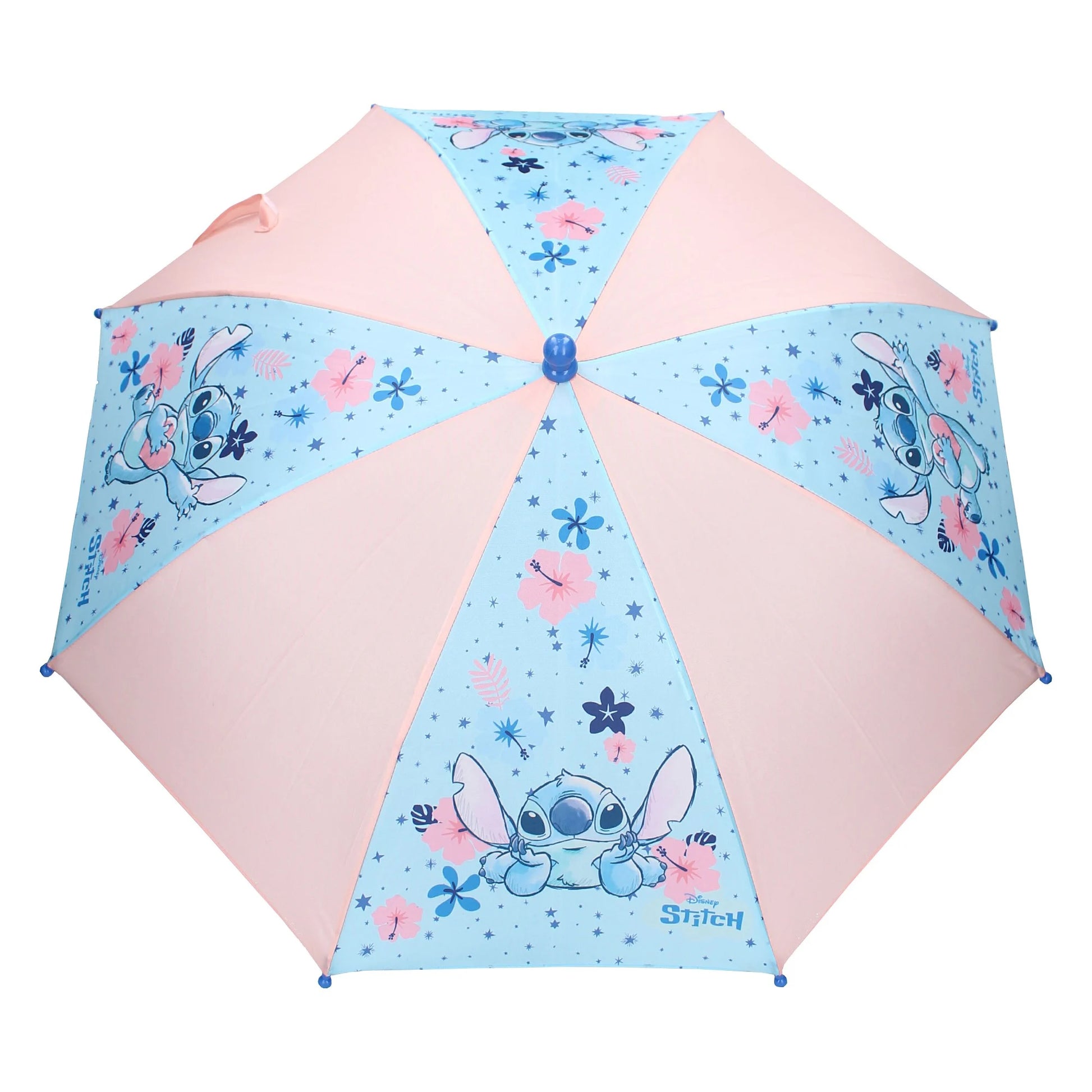 Bescherm jezelf tegen de regen met deze vrolijke Stitch-paraplu, verkrijgbaar in blauw en roze.
