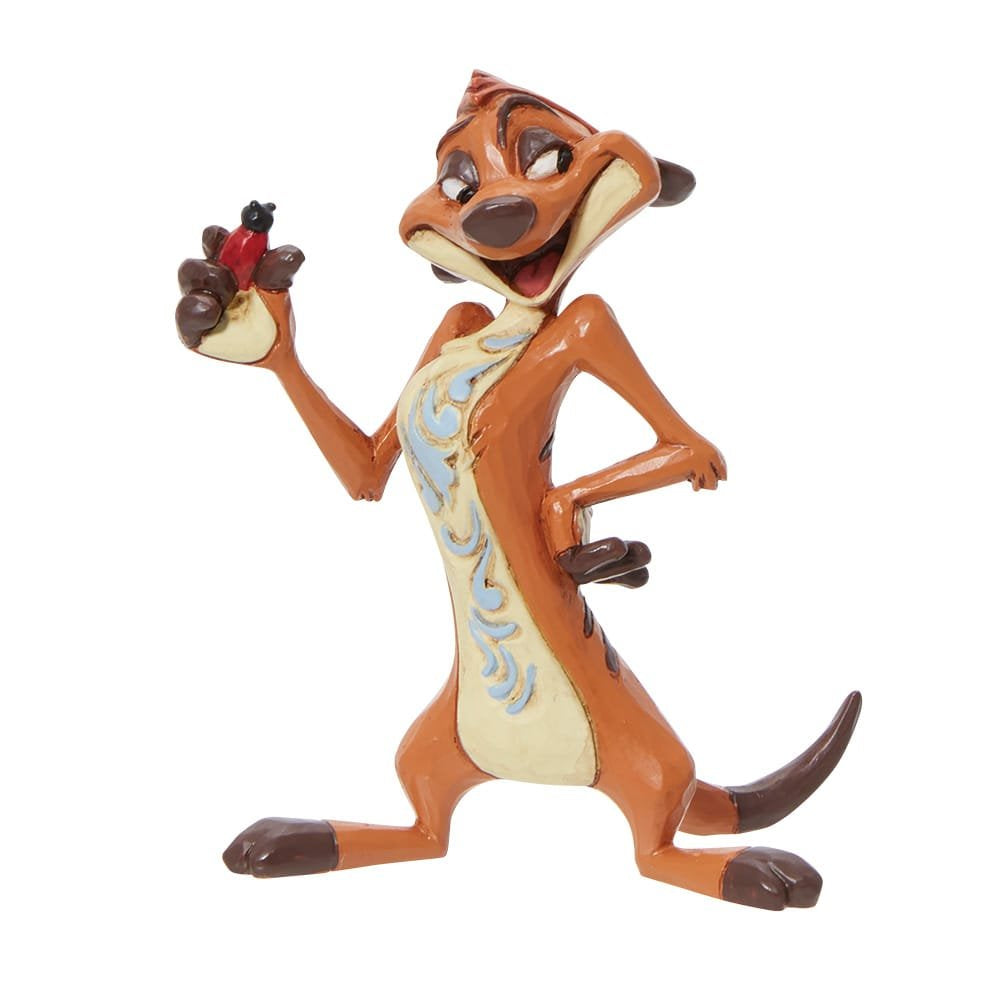 Handgeschilderd Disney Traditions Timon-beeldje ontworpen door Jim Shore, met kleurrijke folkloristische patronen en een vrolijke grijns.