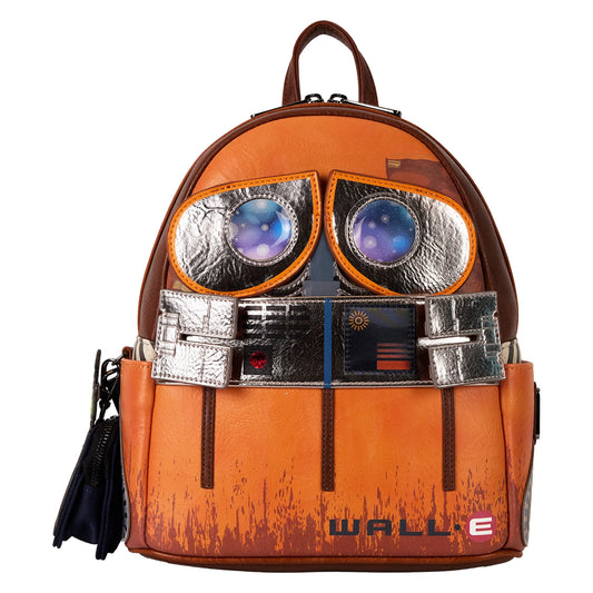Detailfoto van de Loungefly Wall-E rugzak met WALL-E en EVE design en sterrenhemel op de achtergrond.
