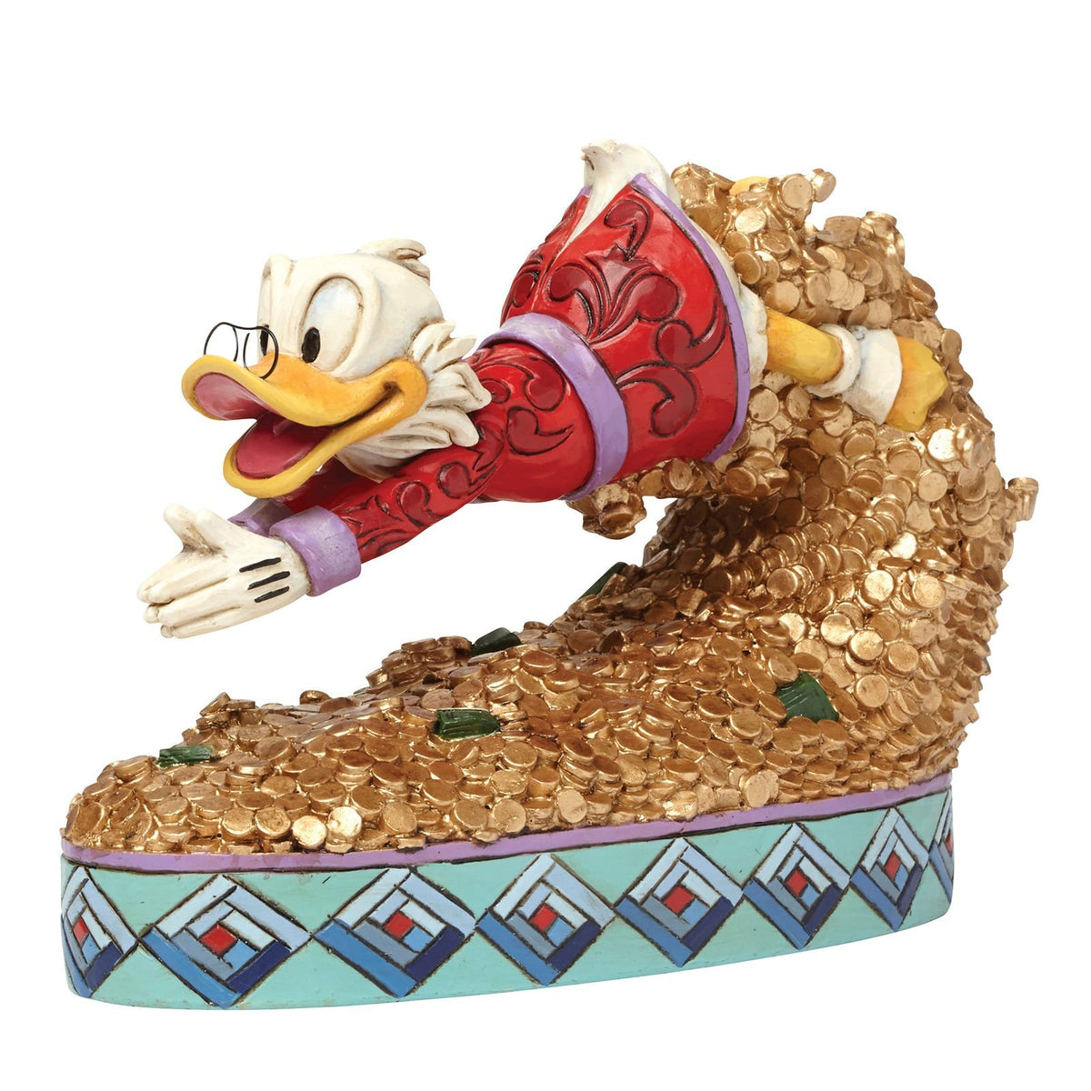Kleurrijk Disney by Britto beeldje van Oom Dagobert, zittend met zijn schatkist en brede glimlach, handbeschilderd met levendige details.