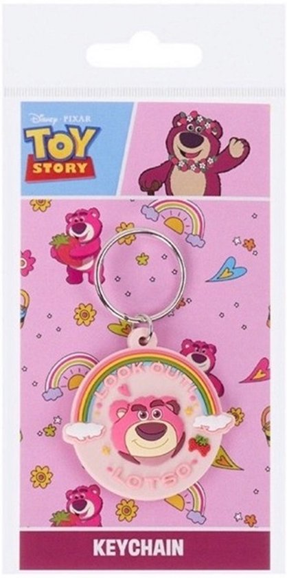 Disney Pixar Lotso rubberen sleutelhanger met tekst “Look Out” – Toy Story beer keychain van duurzaam flexibel rubber, geschikt voor sleutels, tas of rugzak, cadeau voor Disney fans.