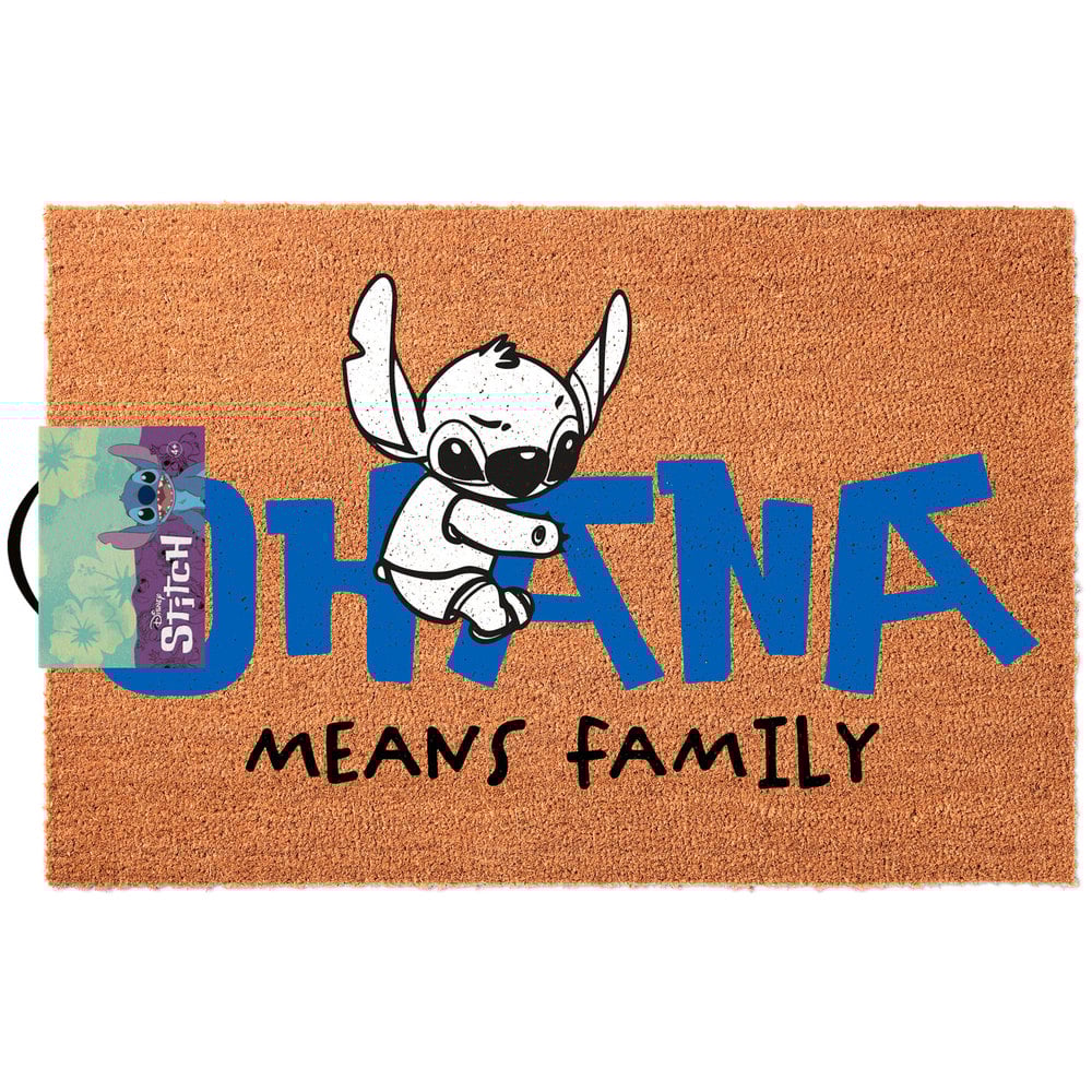 "Disney Stitch Ohana deurmat met kleurrijk ontwerp van Stitch en de tekst ‘Ohana’, stevig materiaal met antislip achterkant."