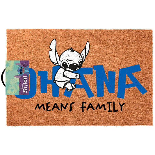 "Disney Stitch Ohana deurmat met kleurrijk ontwerp van Stitch en de tekst ‘Ohana’, stevig materiaal met antislip achterkant."