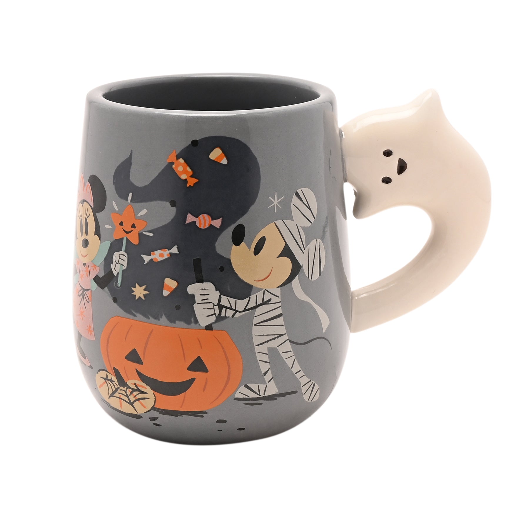 Beker met vrolijke Halloweenillustraties van Mickey en Minnie in kostuum, ideaal voor herfstdrankjes en sfeervolle momenten.