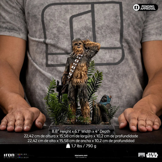 “Star Wars Episode VI Chewbacca & Tokkat statue, handgemaakt en gedetailleerd, iconisch duo uit Return of the Jedi.”