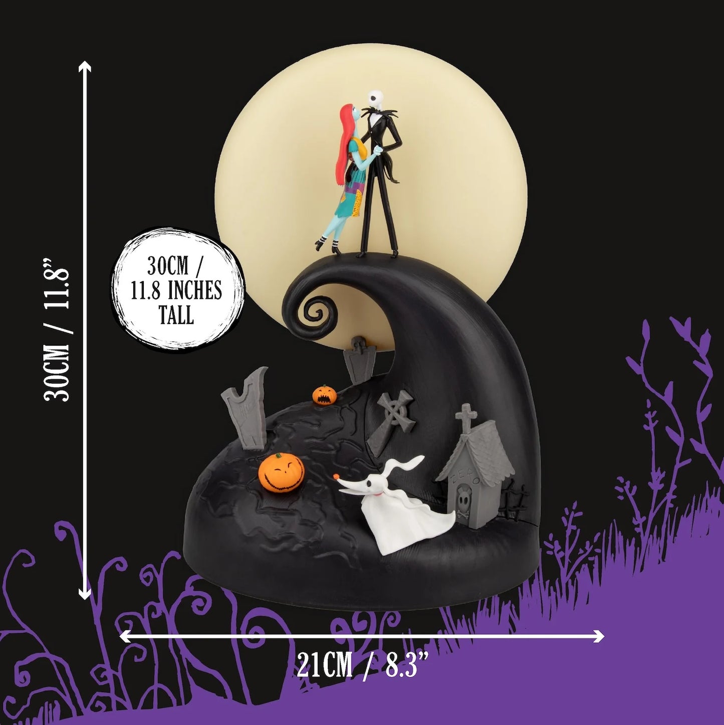 Jack Skellington en andere personages uit Nightmare Before Christmas in een verlicht diorama, perfect als nachtlampje.