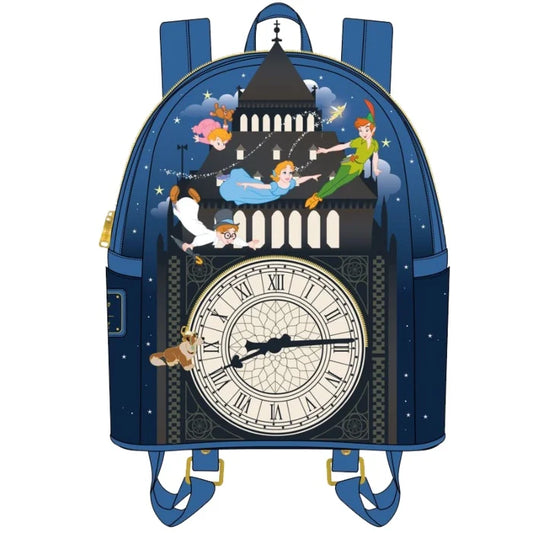 Loungefly Peter Pan Glow Clock rugzak met glow-in-the-dark klokontwerp en iconische Disney krokodil details.