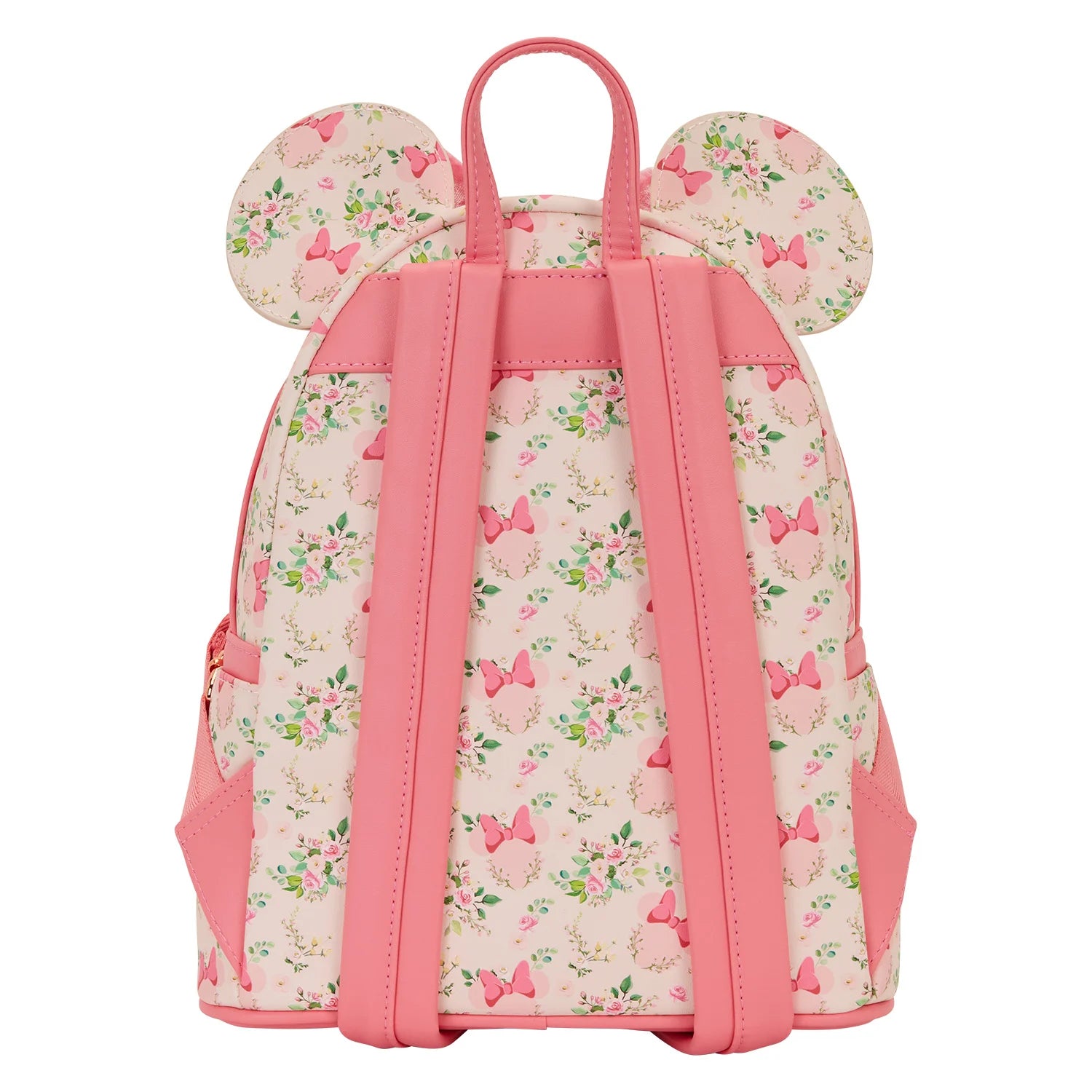 Detailfoto van Disney Loungefly Minnie Mouse Floral backpack met borduursels en metalen ritsbedel