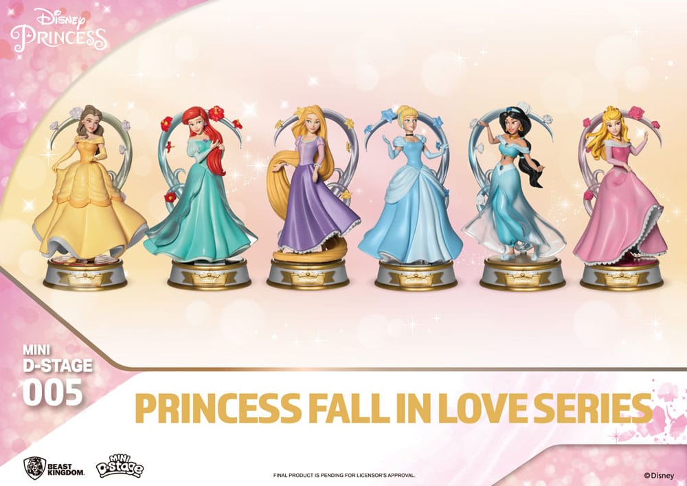 Disney Princess Fall In Love Mini Diorama Series van Beast Kingdom toont romantische Disney-scènes in gedetailleerde miniaturen met levendige kleuren.