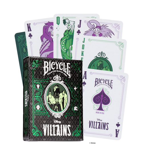 “Disney Villains speelkaarten: luxe doos met groene en zilveren folie en vier iconische schurken op de voorkant.”