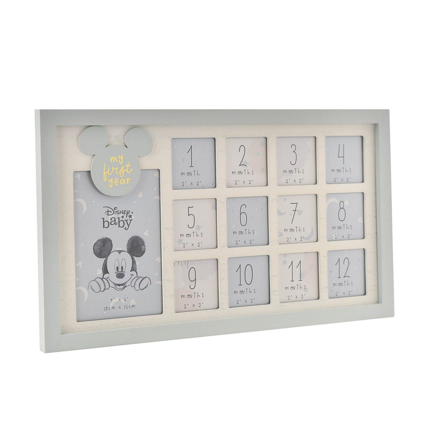 Disney Baby Mickey Mouse fotolijst voor eerste jaar met 12 maandfoto's en babyfoto in stijlvolle mijlpaalfotolijst.
