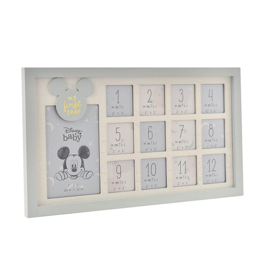 Disney Baby Mickey Mouse fotolijst voor eerste jaar met 12 maandfoto's en babyfoto in stijlvolle mijlpaalfotolijst.