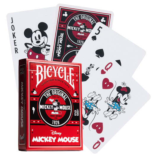 Classic Mickey Mouse Bicycle speelkaarten met iconische illustraties in rode en zwarte kleuren, perfect voor fans en verzamelaars.
