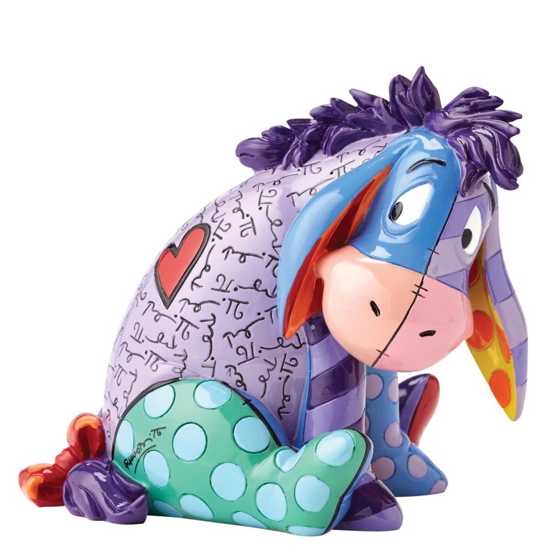 Handbeschilderd gietsteenbeeldje van Eeyore uit de nieuwe Disney by Britto-collectie, kleurrijk en vol persoonlijkheid, verpakt in een stijlvolle geschenkdoos met merklogo.
