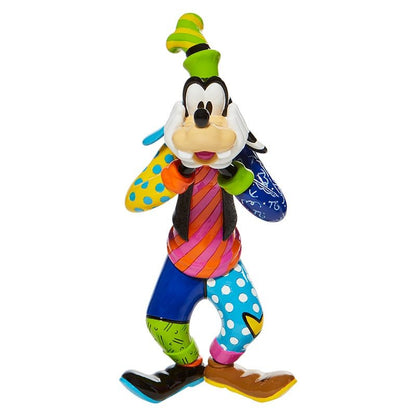 Kleurrijk Goofy-beeldje van Romero Britto in popart-stijl met glittervest, handbeschilderd en verpakt in geschenkdoos – een vrolijk en uniek verzamelobject voor volwassen Disney-fans.