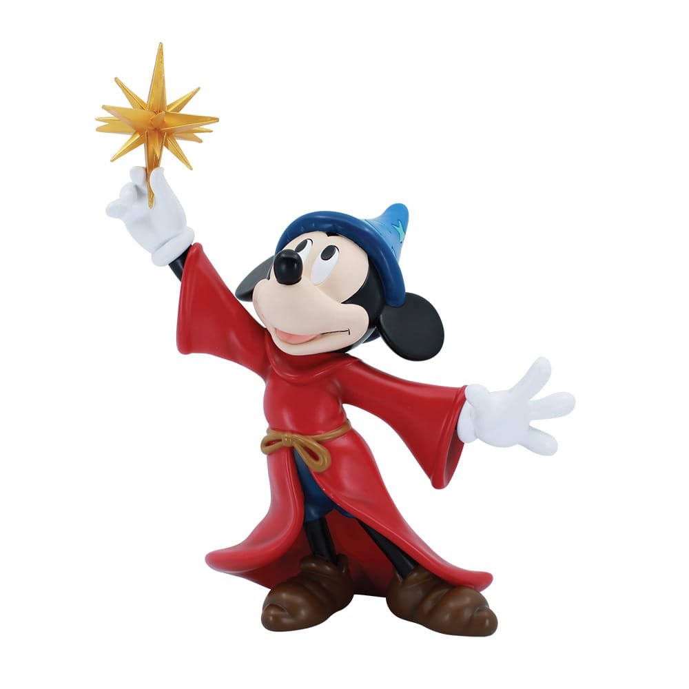Disney Fantasia Mickey Mouse Sorcerer’s Apprentice handgeschilderd beeldje van hoogwaardig resin, met rode mantel, blauwe tovenaarsmuts en sterrenwerveling, exclusief voor volwassenen.