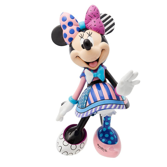 Minnie Mouse-beeldje uit de Disney Britto-collectie 2024, handbeschilderd in opvallende blauw-roze kleuren met speelse patronen, een uniek en kleurrijk verzamelobject voor volwassenen.