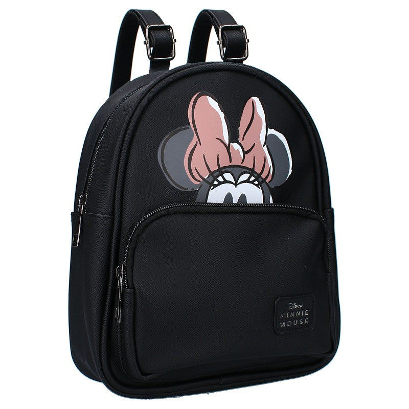 Zwarte Minnie Mouse rugzak met groot hoofd van Minnie Mouse afgebeeld, gemaakt van PU-leer.