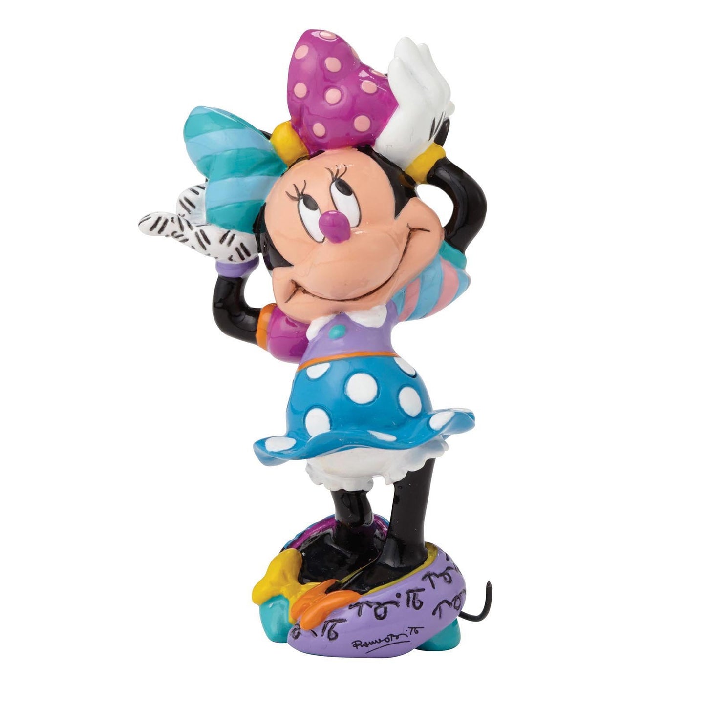 "Britto Minnie Mouse 'Strik' Mini beeldje in vrolijke kleuren en speelse patronen, geïnspireerd op Romero Britto, officieel Disney-product, compact formaat ideaal voor bureau of plank."