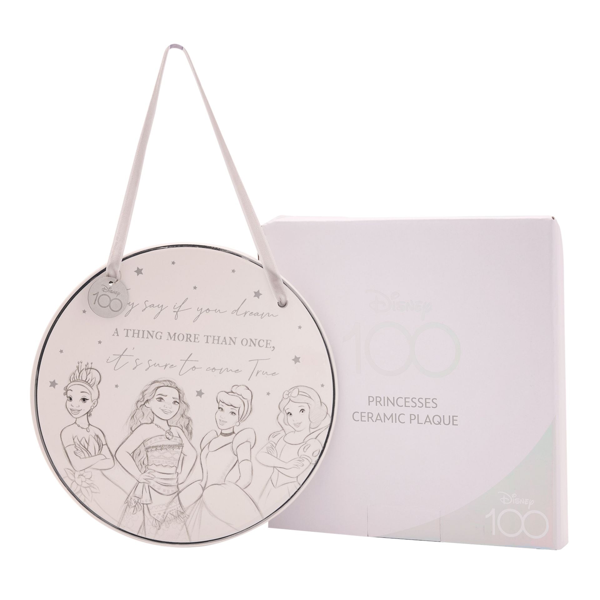 "Betoverende Disney-prinsessen keramische plaquette van Disney 100 - Met inspirerende illustratie van verschillende Disney-prinsessen en de boodschap 'They Say If You Dream a Thing More Than Once, It's Sure to Come True'. Een must-have voor Disney-liefhebbers van alle leeftijden! Verpakt in een prachtige geschenkverpakking."