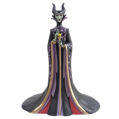 "Jim Shore miniatuur van Maleficent Deluxe uit Sleeping Beauty, handgeschilderd met sierlijke patronen en levendige kleuren, mysterieus en indrukwekkend."