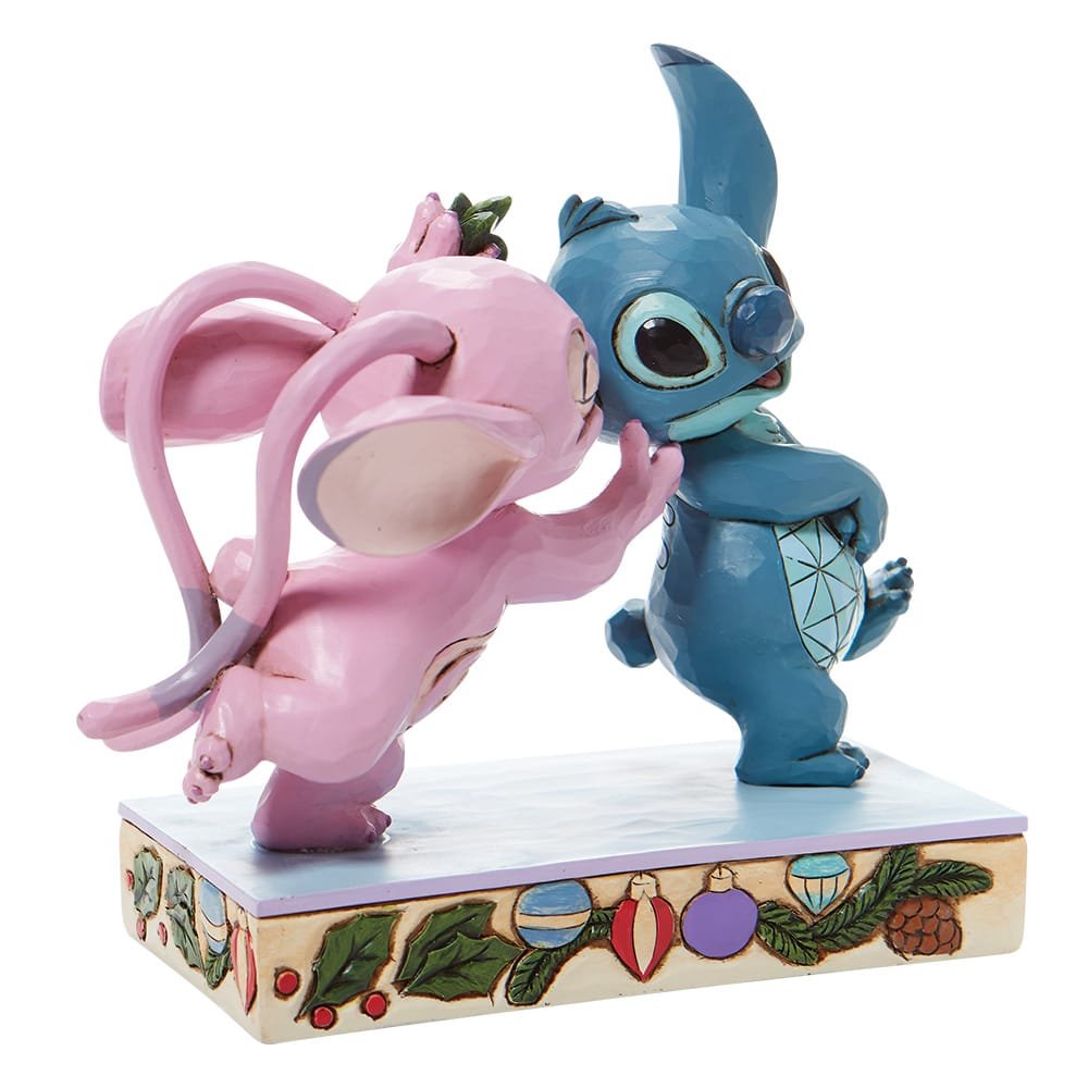 "Schattig Disney Traditions beeldje van Stitch en Angel, handgemaakt in Jim Shore-stijl, perfect voor verzamelaars en Disney-fans."