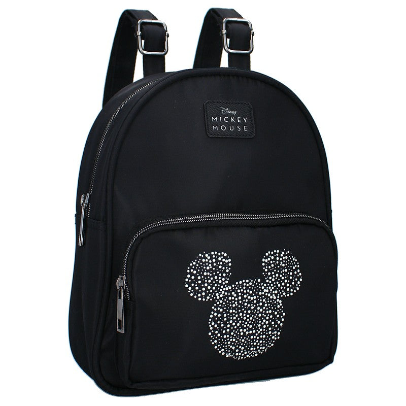 Zwarte Mickey Mouse rugzak met witte stippenprint, gemaakt van PU-leer.
