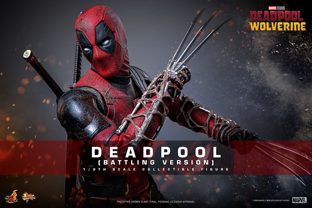 Gedetailleerde Deadpool (Battling Version) actiefiguur in 1/6 schaal, met battle-damaged kostuum en maskerloos hoofdsculpt.